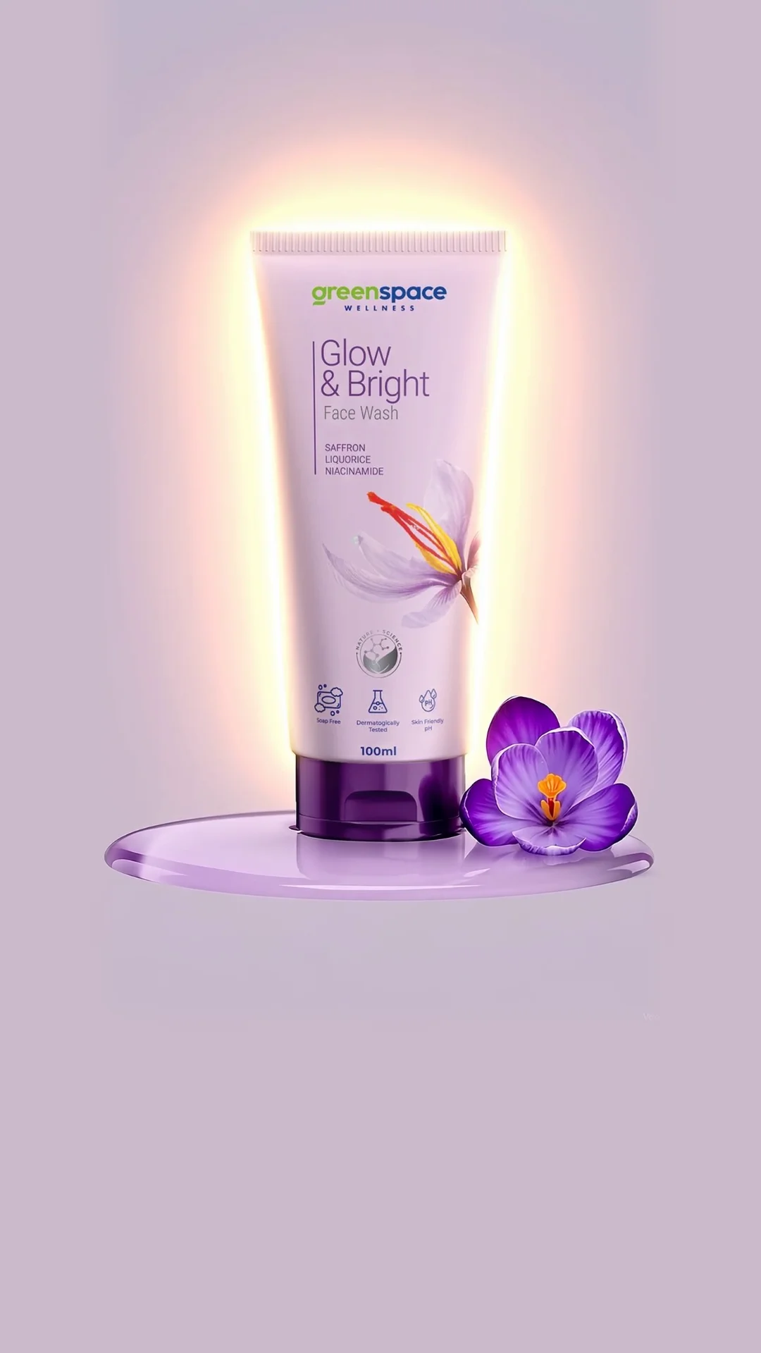 Glow & Bright Face Wash on a lilac gel pool with a saffron flower